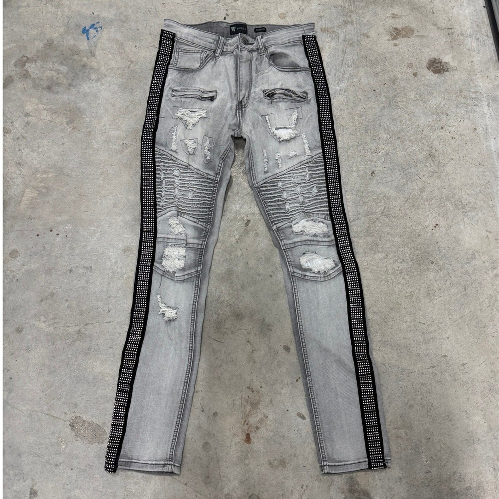Waimea Gray Moto Jeans Mens 30x32 Skinny Fit Rhinestone Side Stripe Distressed
